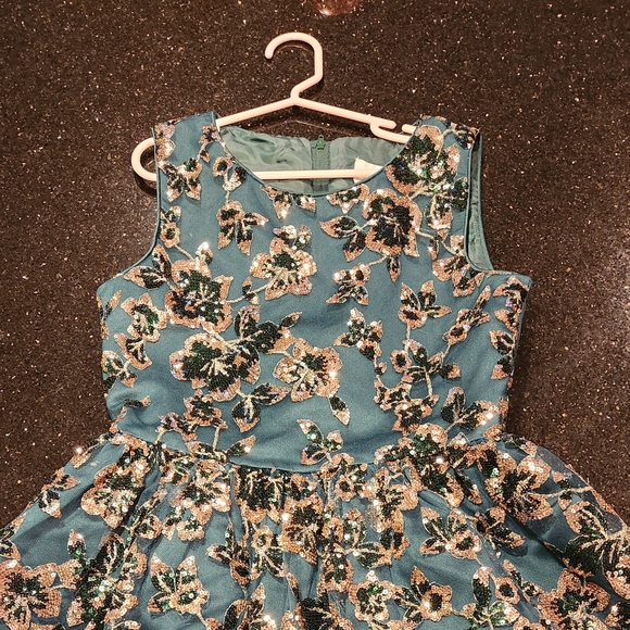 Rare Editions Teal and Gold Floral Sequin Dress - Picture 1 of 7